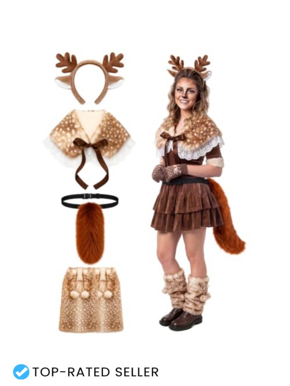 Reindeer Costume Set 4 Pcs Faux Fur Antler Headband Leg Warmers Tail Shawl